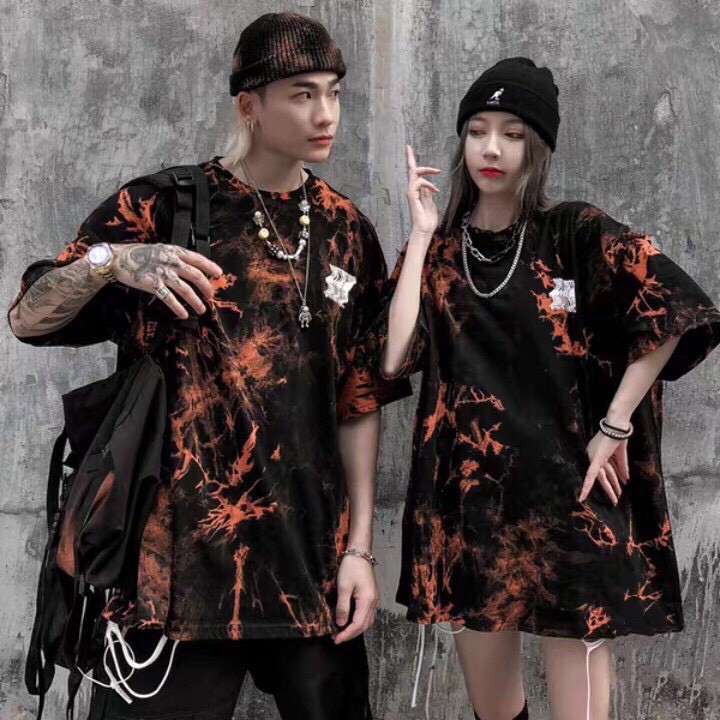 ÁO THUN TAY LỠ HỌA TIẾT LOANG CAM ĐEN dáng thụng ulzzang