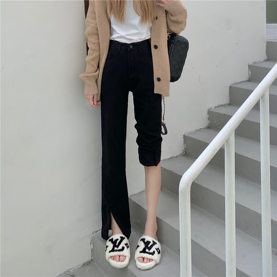 LEEVA - Quần jeans đen nữ lưng cao ống xẻ cách điệu Q042