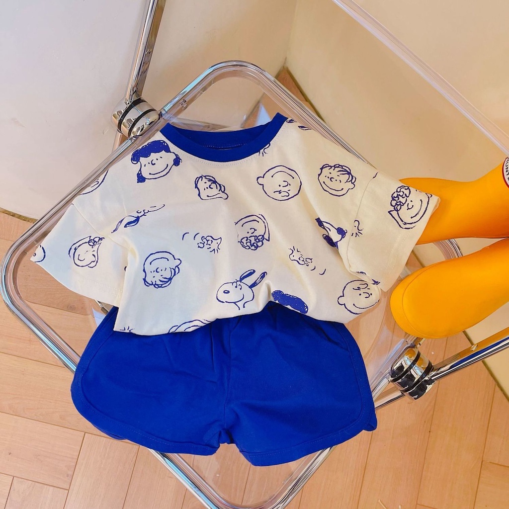 Set Áo Thun Cotton + Quần Lửng In Họa Tiết Hoạt Hình Phong Cách Hàn Quốc Thời Trang Mùa Hè Cho Bé