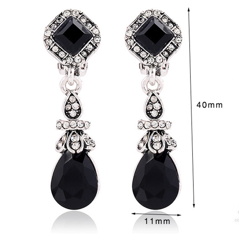 Khuyên tai kẹp hình vuông bằng nhựa Resin màu đỏ đen cổ điển phong cách Bohemian không xỏ lỗ cho nữ