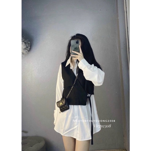 [HÀNG SẴN]SET ÁO SƠMI MIX GILE túi nắp nơ eo siêu xinh | BigBuy360 - bigbuy360.vn