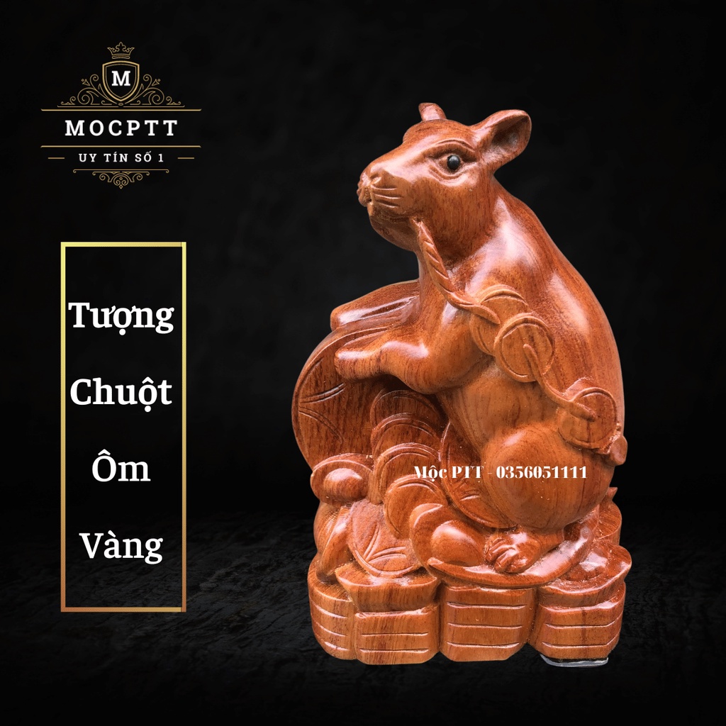 Tượng gỗ Chuột Ôm Vàng cao 15 , 20 cm chất liệu gỗ Hương Đá