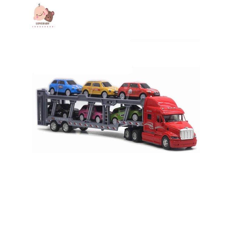 [HOT]Car Carrier Model Big Rig Truck Hauler Trailer With 6 Race Cars Carrier Toy