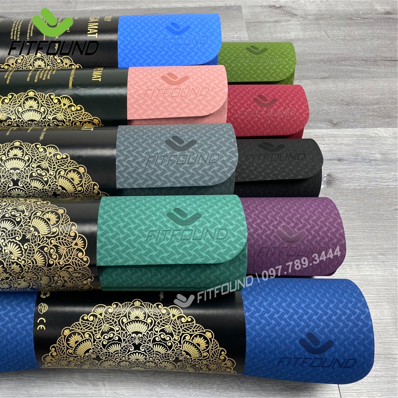 Thảm tập gym yoga Thể dục TPE 6mm in định tuyến tặng kèm dây cột chống trơn trượt