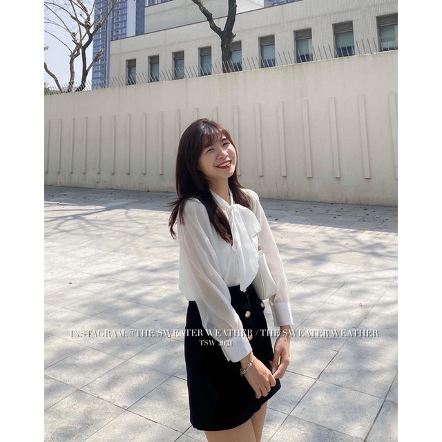 (Ảnh thật) Áo sơmi voan 2 lớp thắt nơ cúc ngọc the.sweaterweather TSW | BigBuy360 - bigbuy360.vn