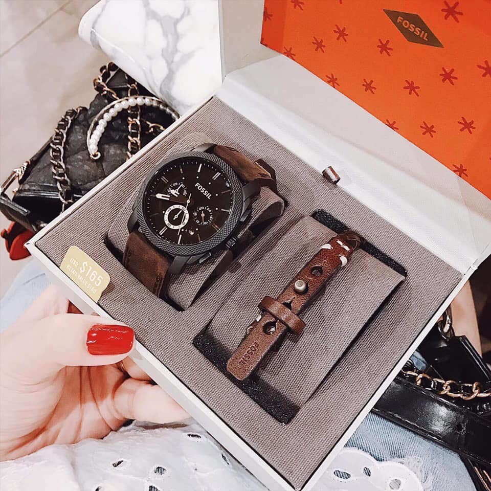 Đồng hồ nam chính hãng Set Fossil , dây da màu nâu - Máy Quartz pin - Mặt kính cứng