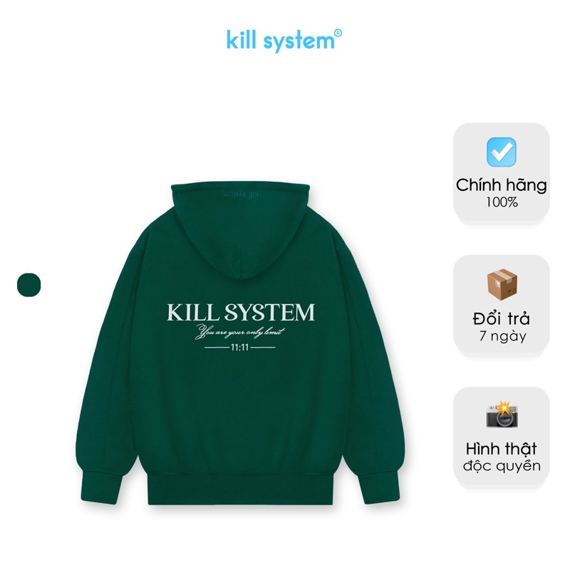 Áo khoác hoodie zip màu rêu basic Kill System oversize có nón nam nữ, vải chân cua phong cách unisex