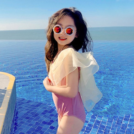 Bộ Đồ Bơi Một Mảnh Hai Dây Viền Lưới Phong Cách Phương Tây Hàng Mới Cho Bé Gái Đi Biển