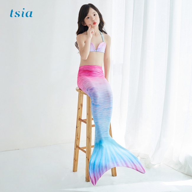Bộ đồ bơi 2 mảnh bằng polyester họa tiết đuôi nàng tiên cá nhiều màu cho bé gái 3-12 tuổi G7