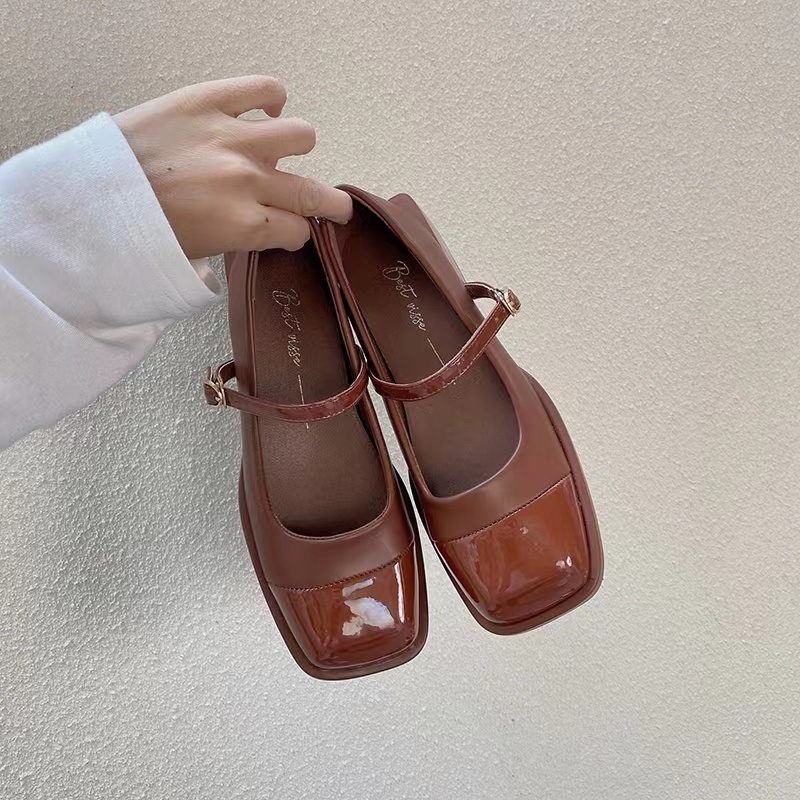 Giày Da Gót Dày Phối Khóa Cài Phong Cách Retro Pháp Thời Trang Xuân Thu Cho Nữ