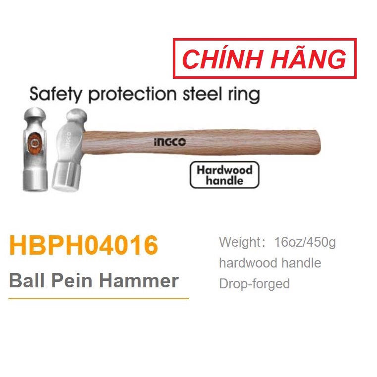 ĐỒ NGHỀ INGCO Búa đầu tròn 450g HBPH04016 (Cam kết Chính Hãng 100%)