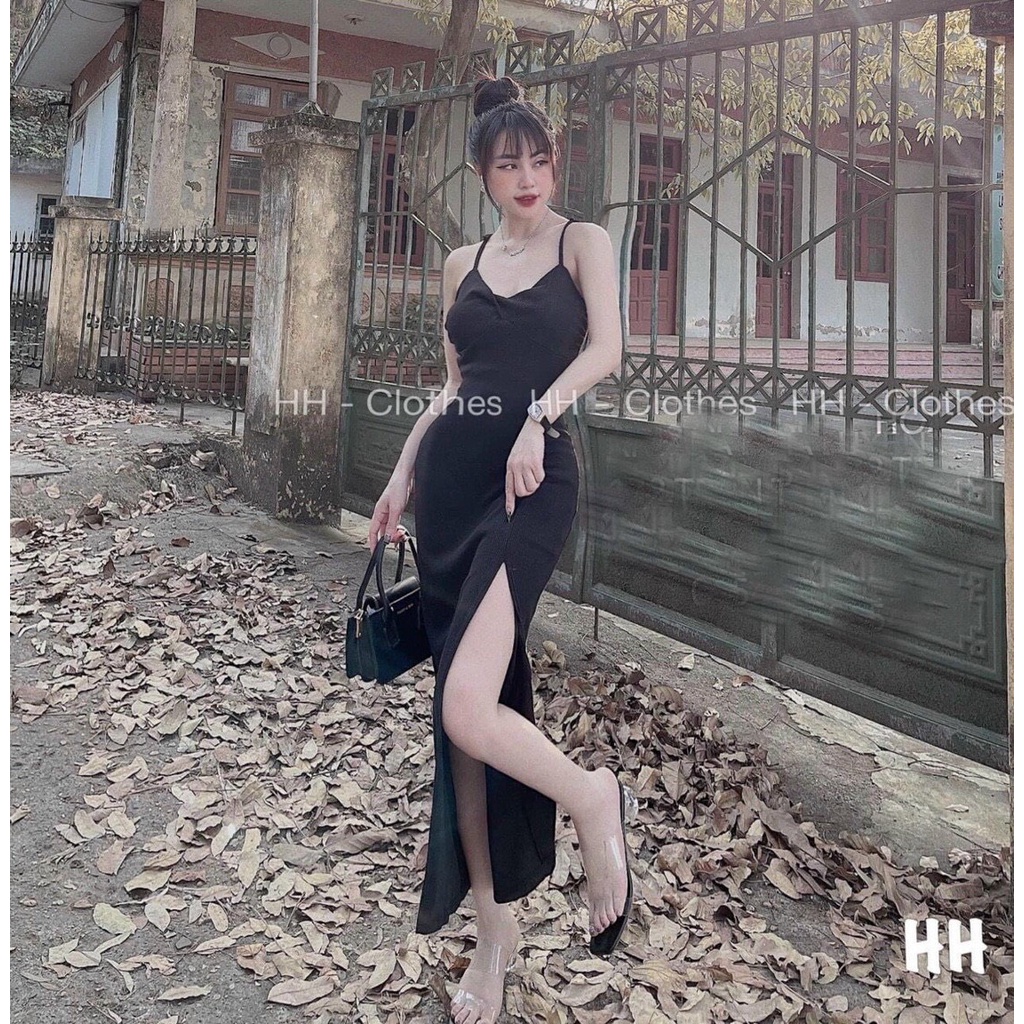 Đầm 2 dây ôm body trơn kiểu xoắn ngực xẻ tà cao cực hot , chất thun gân mềm mịn mk