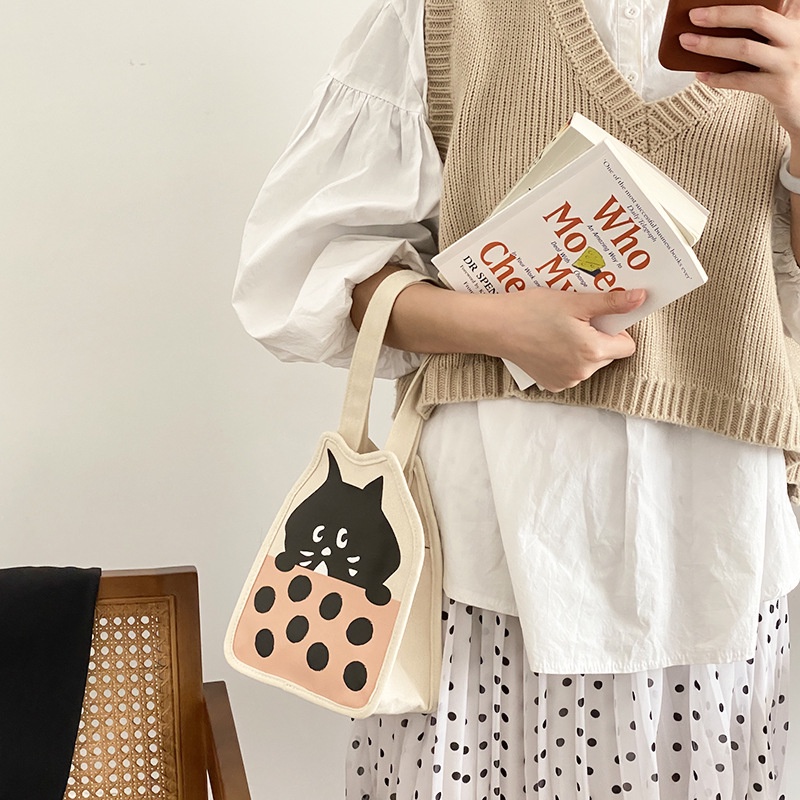 Túi Xách Tay Bằng Vải Canvas In Hình Mèo Con Dễ Thương Dành Cho Nữ