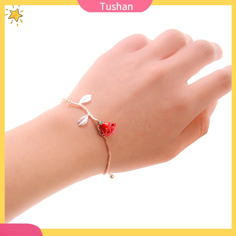 TUSH_Elegant Rose Pendant Wristband Bracelet Adjustable Bangle Women Jewelry Gift