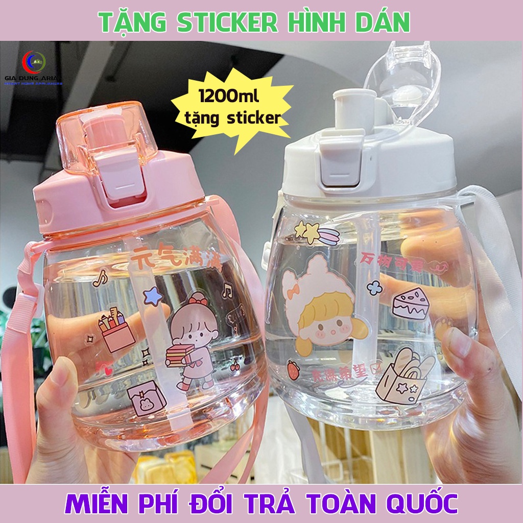 [ NHỰA TỐT ] Bình Nước Nhựa Cao Cấp Dung Tích 1200ml Có Ống Hút Kèm Dây Đeo Cực Tiện Lợi Xinh Xắn Dễ Thương TẶNG STICKER