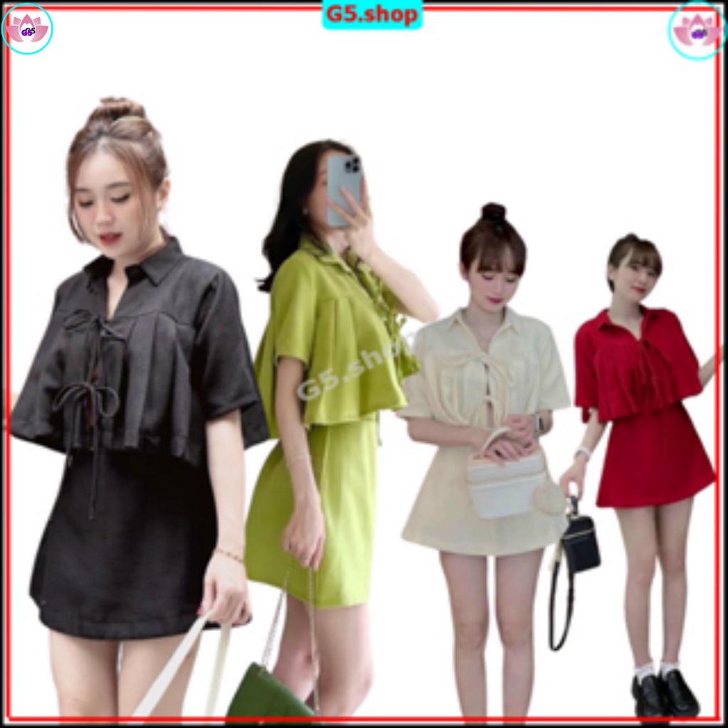 Sét đồ bộ croptop ngắn tay phối dây cột nơ áo xếp ly kèm chân váy chữ A dáng xòe trẻ trun