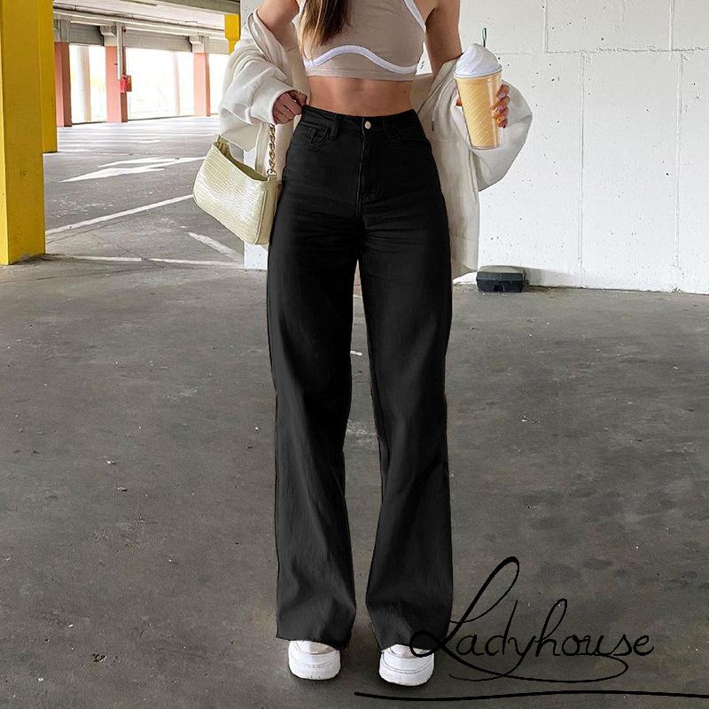 LD-Women Straight-leg Jeans, Adults Casual High Waisted Solid Color Denim Pants with Pockets