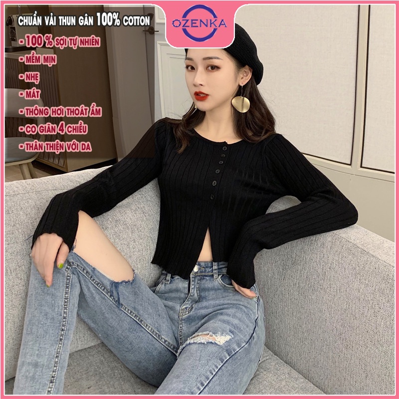 Áo croptop len nữ tay dài vạt lệch OZENKA , áo thu đông phong cách Hàn Quốc chất len gân 100% cotton đen trắng
