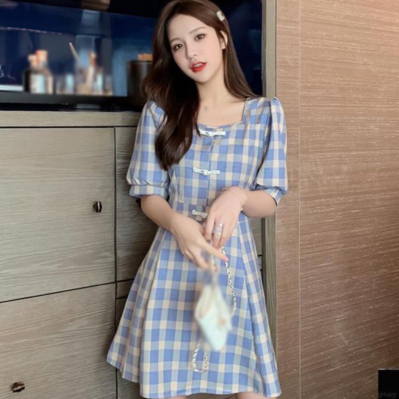 Đầm Chữ A Tay Ngắn Phồng Cổ Vuông Họa Tiết Sọc Caro Phong Cách Retro Pháp Cho Nữ