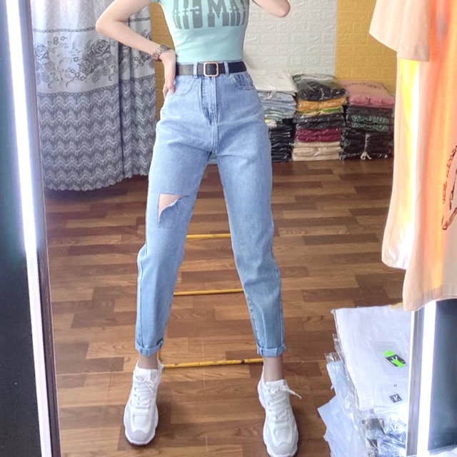 (Size 30~36)Quần Baggy Rách Đùi L Vuaqf SIZE ĐẠI Đậm/Nhạt - Lưng Cao - Siêu tôn dáng -Rách 1 Đùi L