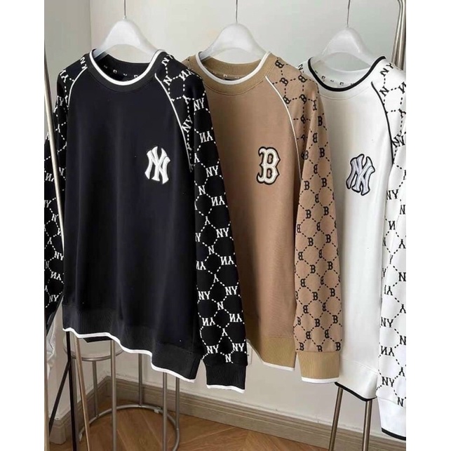 Áo nỉ sweater NY MLB raglan tay dài cổ tròn hoạ tiết | BigBuy360 - bigbuy360.vn