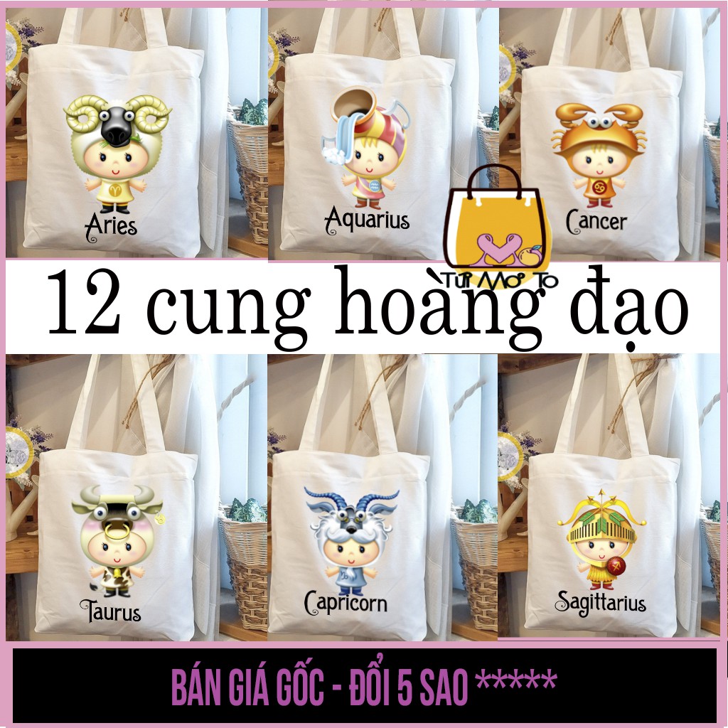 Túi tote VUÔNG  12 cung HOÀNG ĐẠO- Túi canvas - Túi Vải có khóa kéo  - Túi Mơ To store