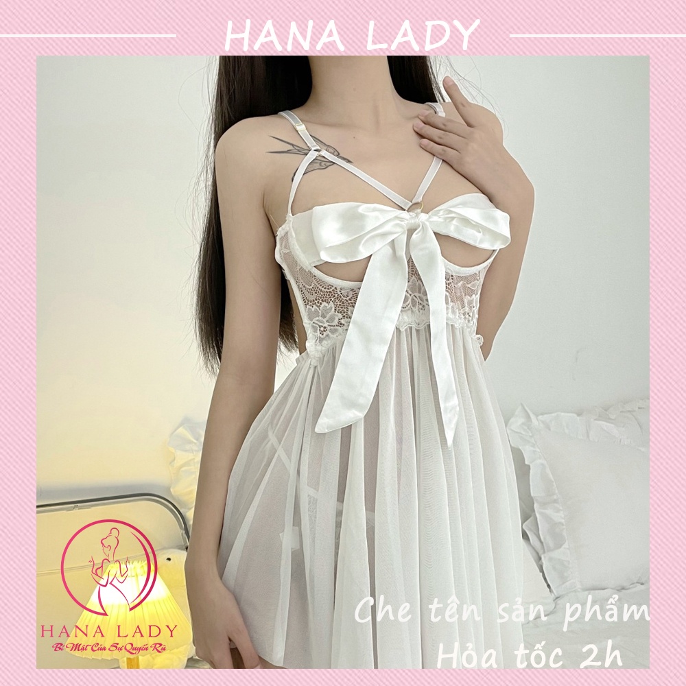 Váy ngủ nữ xuyên thấu, đầm ngủ sexy gợi cảm nơ ngực quyến rũ kèm quần chip lọt khe VN458