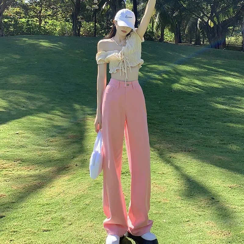 Jiashucheng Quần Jean Dài Lưng Cao Ống Rộng Dáng Suông Màu Hồng Cho Nữ