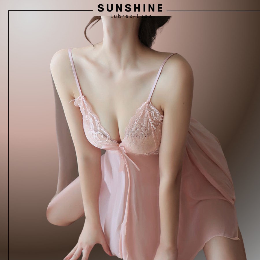 Váy ngủ sexy gợi cảm 2 dây xuyên thấu màu Hồng SUNSHINE LUBREX-LUBO hở trước SX1120