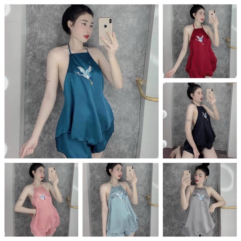 Đồ ngủ 2 dây sexy, Đồ ngủ áo yếm sexy thêu hạc chất satin mềm Freesize dưới 55kg
