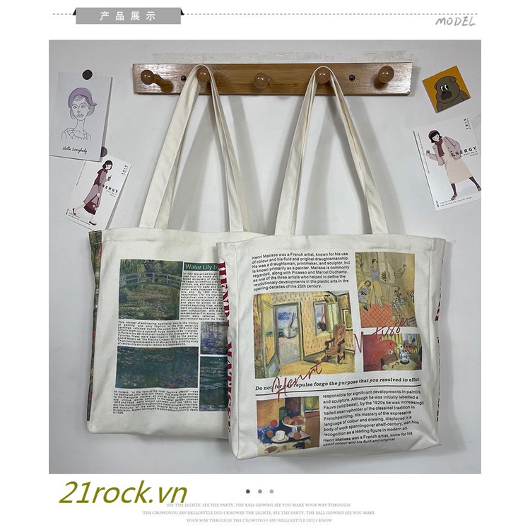 Túi Tote Đeo Một Bên Vai Bằng Vải Canvas Sơn Dầu Monet Water Lily Sức Chứa Lớn Phong Cách Hàn Quốc Cho Nữ Sinh