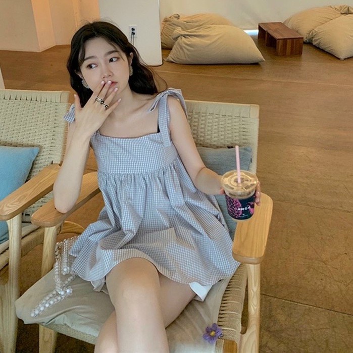 Bộ quần áo nữ set style Hàn Quốc Nội y xanh,Set áo babydoll hai dây thắt nơ kẻ xanh và quần short trắng cực xinh B405 nộ