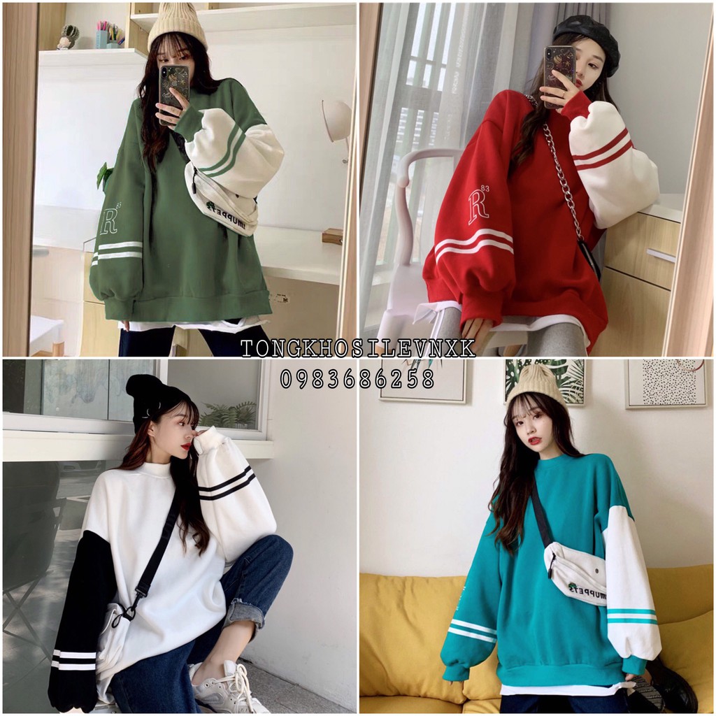 ÁO NỈ CỔ 3 PHÂN PHỐI TAY CHỮ R UNISEX - ÁO SWEATER KẺ SỌC NGANG số 83 Xanh Trắng Đỏ