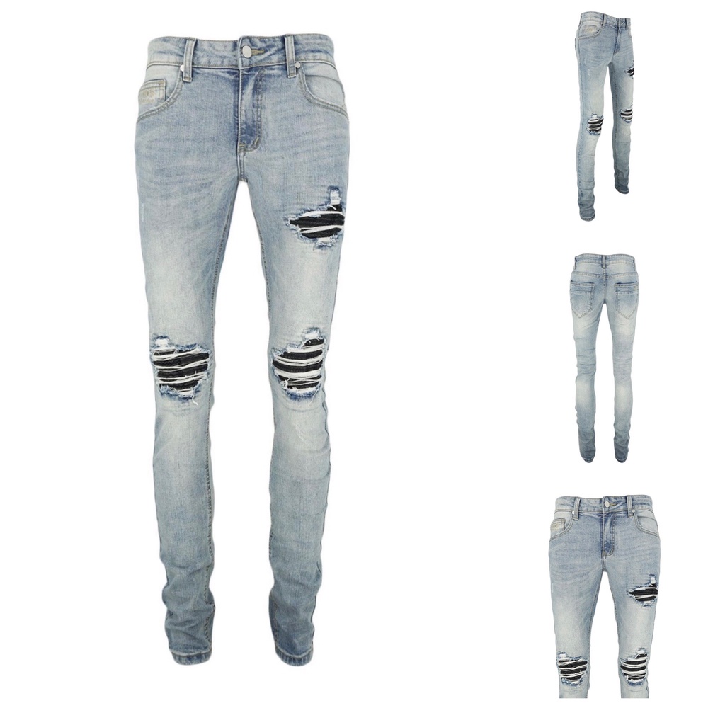 Quần Jean Nam J12 Miếng Vá Da Bike Đen, Màu Xanh Nhạt Rách Gối Mix-Match Năng Động