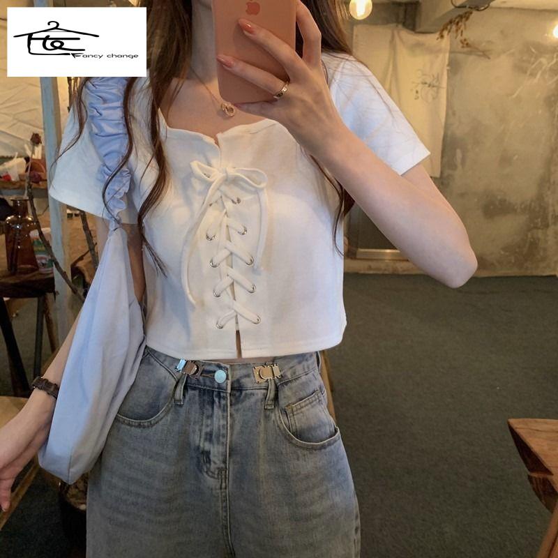 Áo Thun Tay Ngắn Cổ Vuông Phong Cách Pháp Thời Trang Mùa Hè Xinh Xắn Cho Nữ