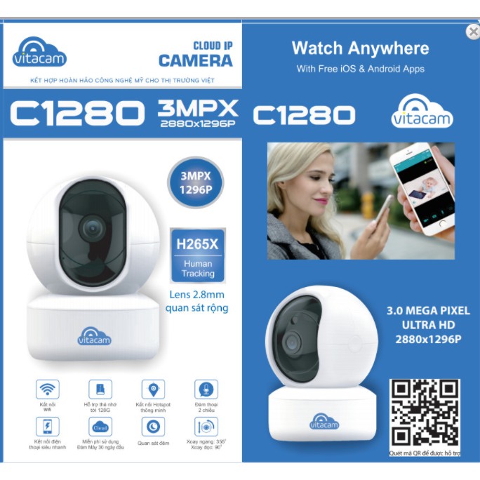 Camera IP Wifi Vitacam C1280 3.0MP FullHD+ 1536P có cổng LAN, hồng ngoại ban đêm, đàm thoại 2 chiều (Trắng) | BigBuy360 - bigbuy360.vn