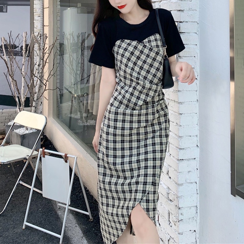 Đầm Midi Dáng Chữ A Tay Ngắn Họa Tiết Kẻ Sọc Màu Sắc Thời Trang Quyến Rũ Cho Nữ