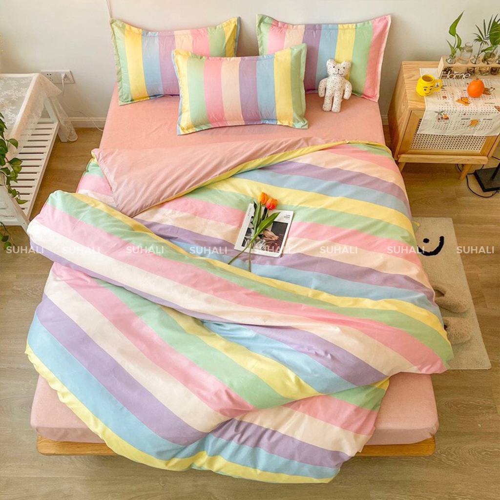 Bộ chăn ga giường cotton poly SUHALI cầu vồng gồm vỏ chăn mền, drap nệm và 2 vỏ gối