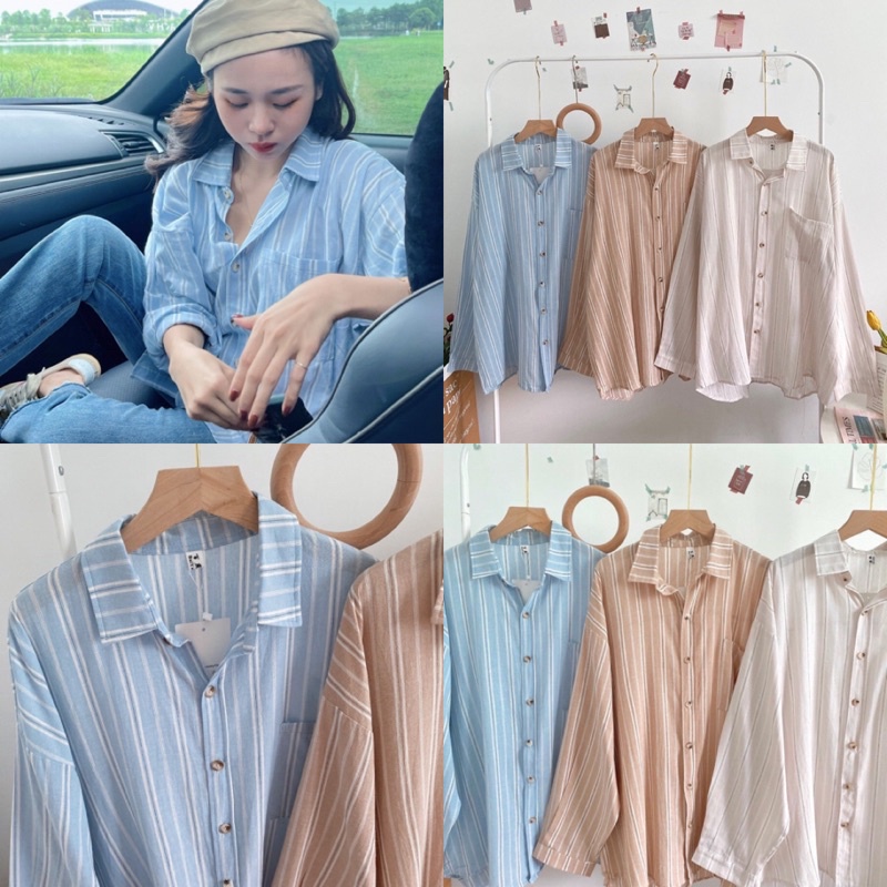 Áo Sơmi SỌC TAY DÀI FORM RỘNG Dáng đẹp oversize tone màu vintage basic phong cách ullzang hàn quốc