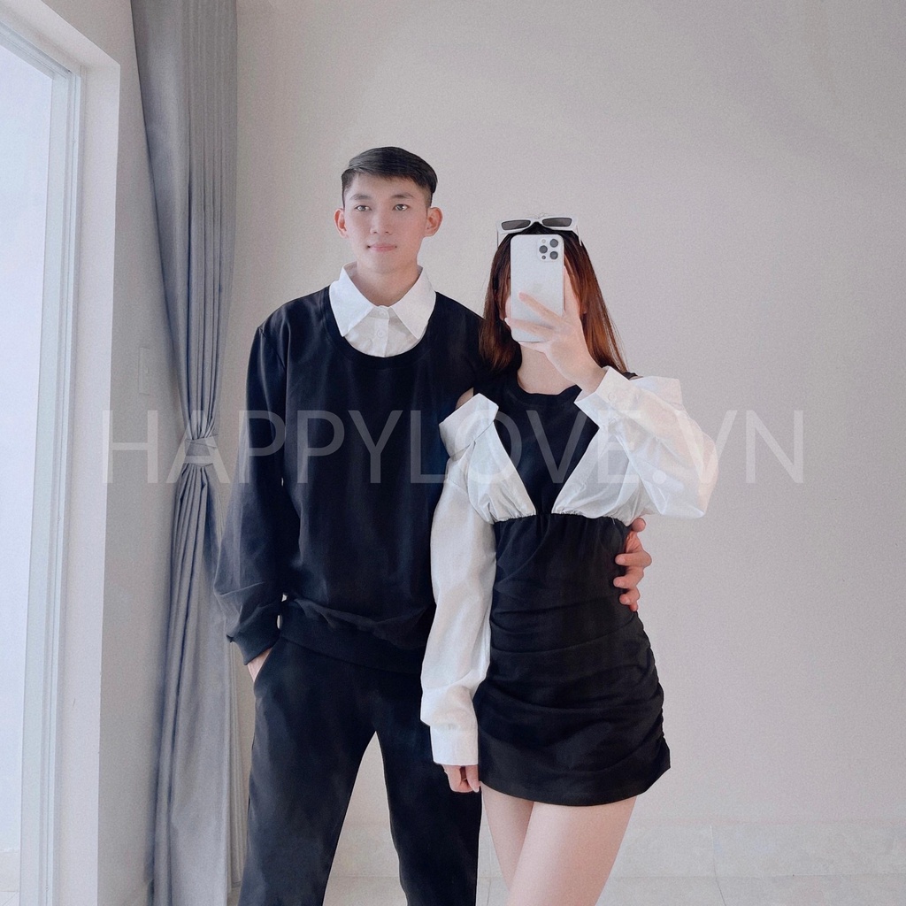 Set đồ đôi nam nữ Couple Áo nam Váy nữ màu đen phối kiểu sơ mi Hàn quốc HAPPYLOVE, Đồ cặp đôi unisex hàng Quảng Châu H31