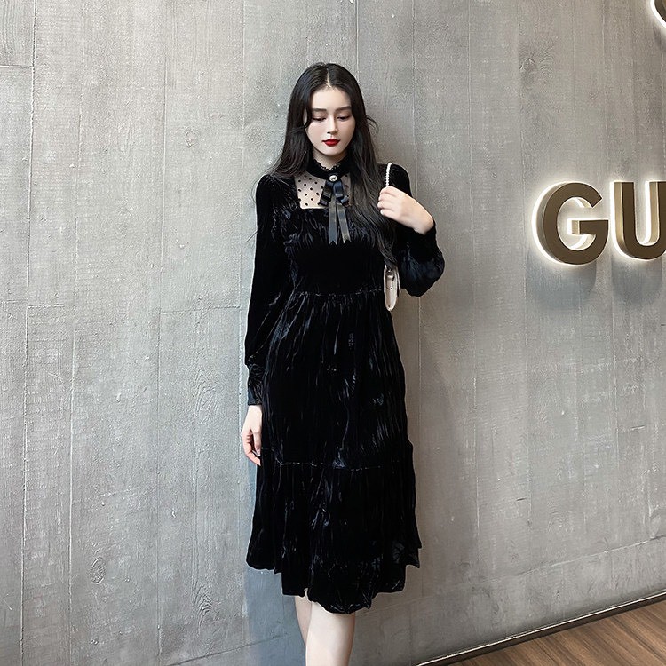 D70 - Đầm  Bigsize  Nhung Tiểu Thư Tay Dài