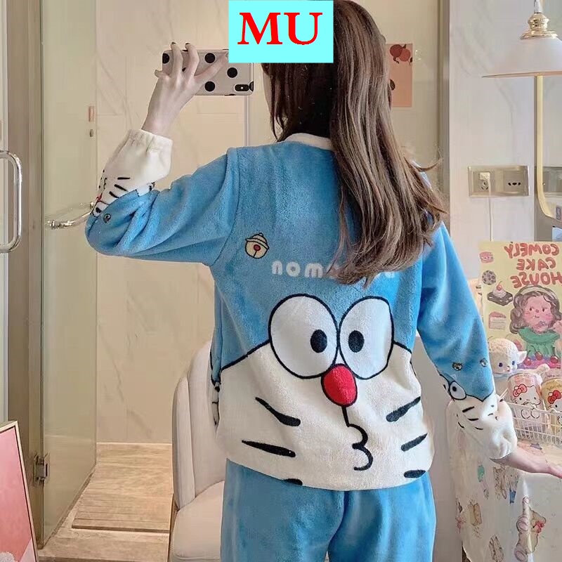 Bộ đồ ngủ lông cừu san hô flannel nhung họa tiết mèo máy đeo chuông Doraemon xanh dương thời trang thu đông dành cho nữ