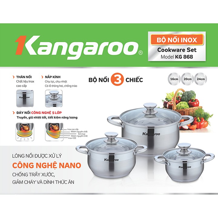 Bộ 3 nồi inox cao cấp 5 lớp Kangaroo KG866