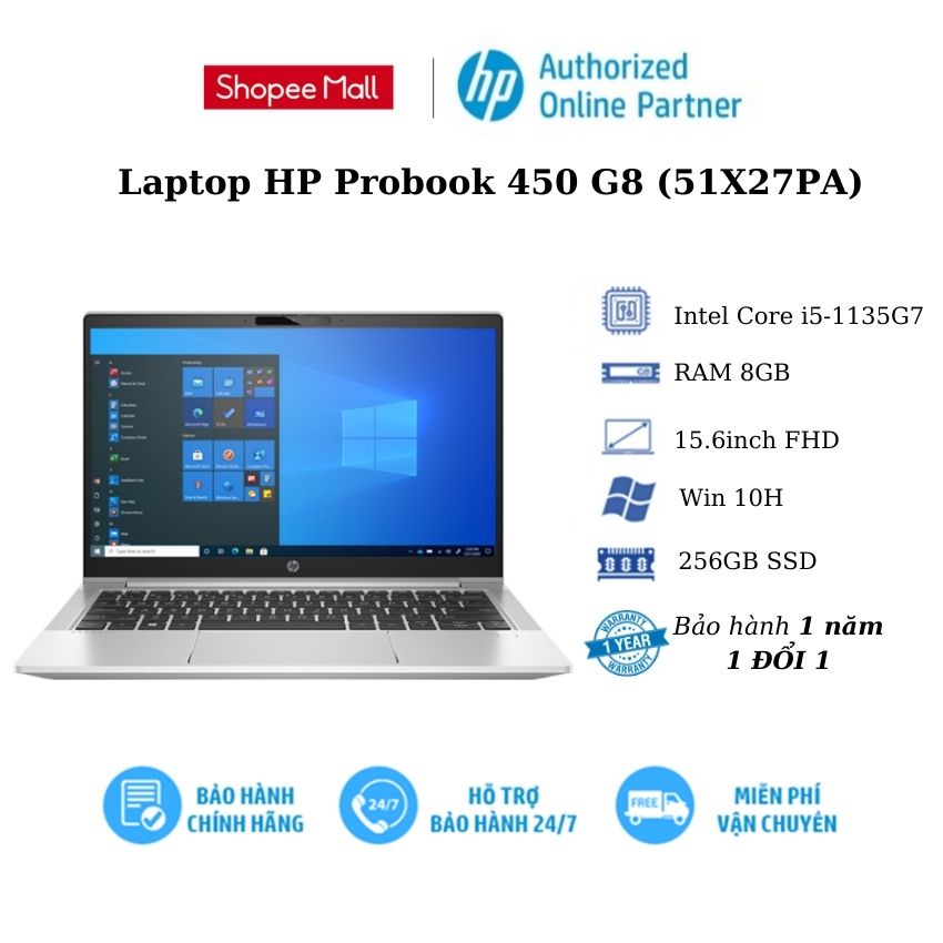 [Mã ELHP128 giảm 12% đơn 10TR] Laptop HP Probook 450 G8 (51X27PA)/ Core i5-1135G7/ RAM 8GB/ 256GB SSD/ 15.6inch