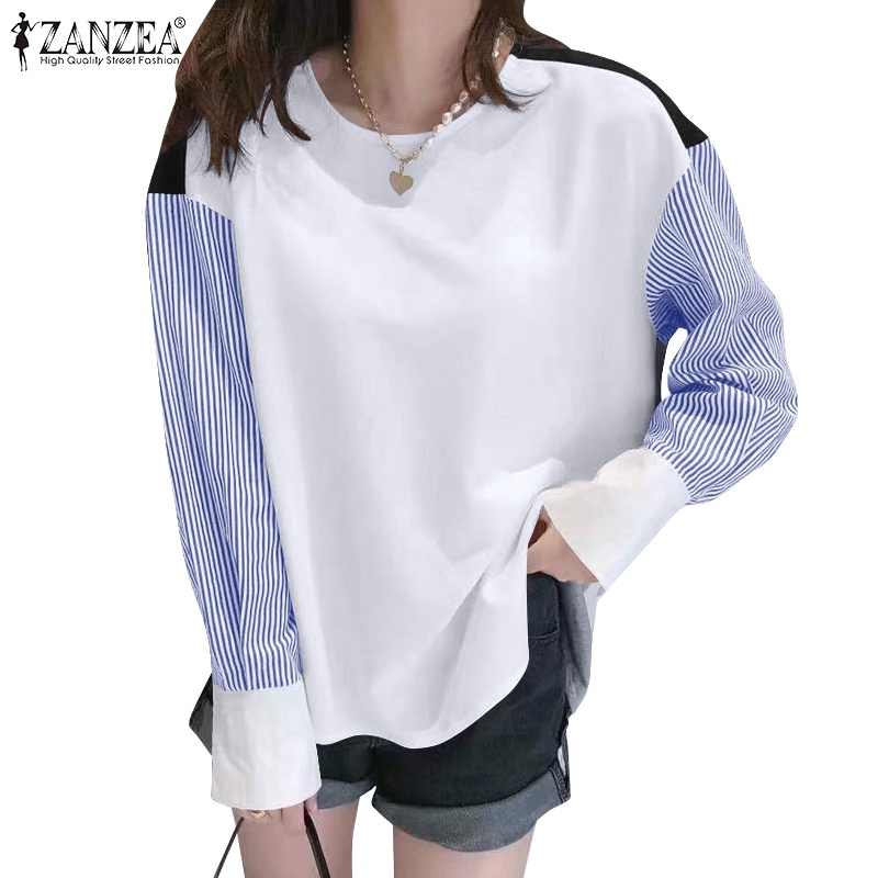 Áo sơ mi ZANZEA tay dài cổ tròn họa tiết kẻ sọc thời trang cho nữ