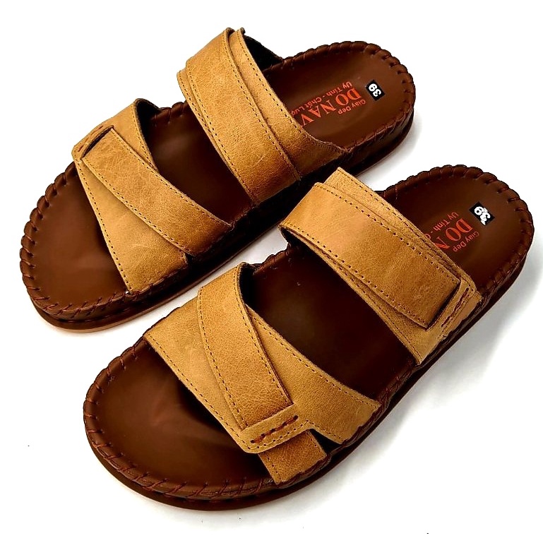 Dép 2 quai ngang đế lá cao cấp da bò, dép da bò xăng đan nam bảo hành 12 tháng shop kinson