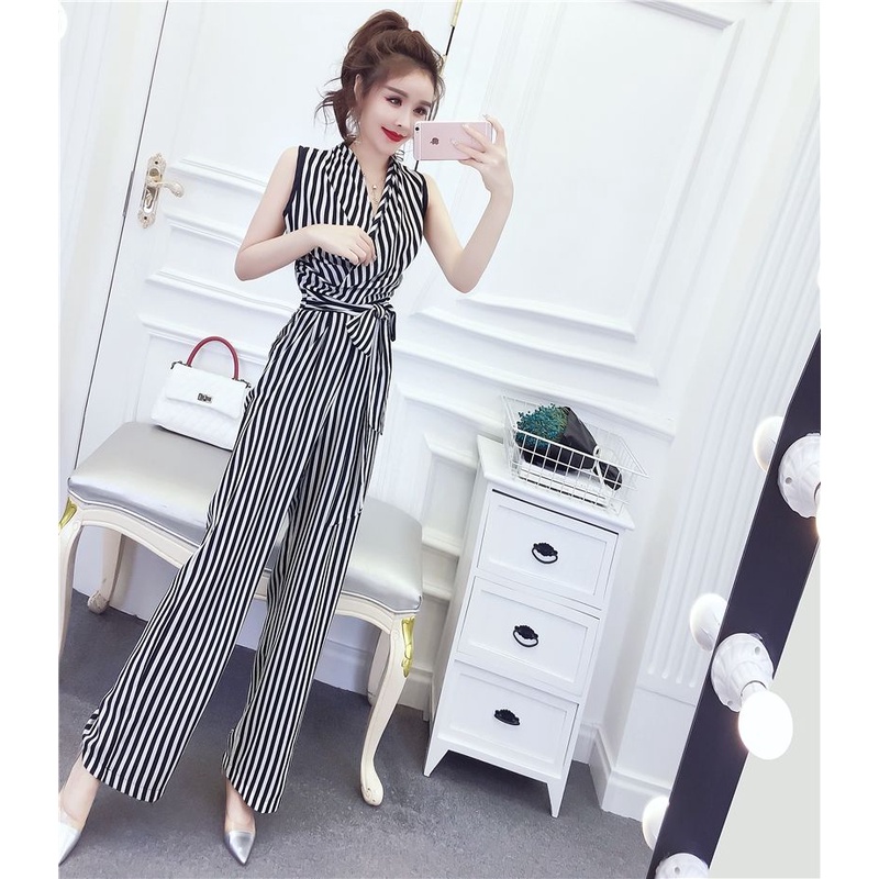 Fashion Sleeveless High Waist Style Striped Chiffon Wide Leg Jumpsuit