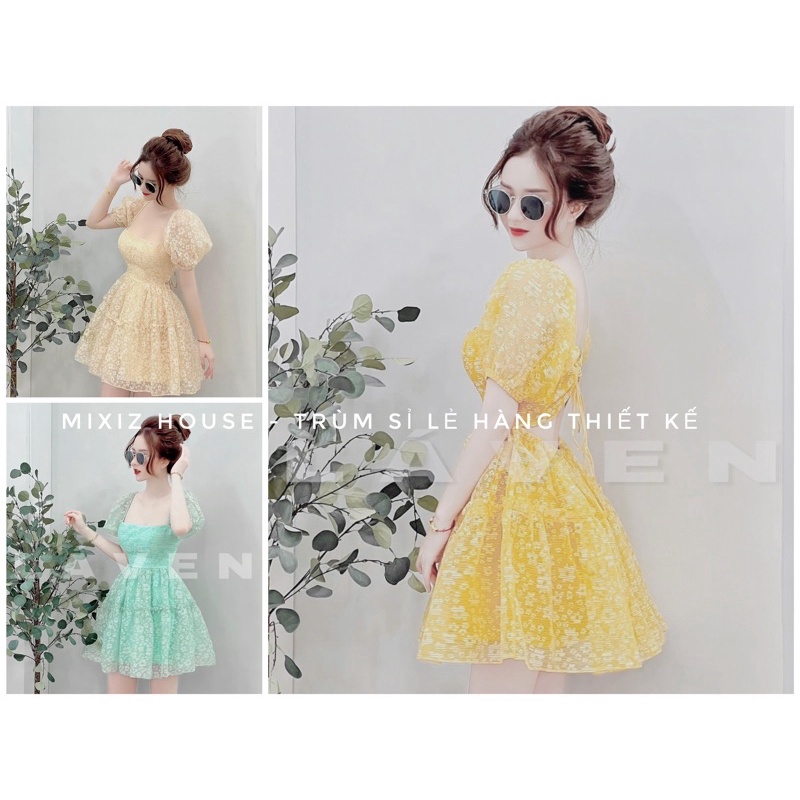 [Có bigsize] Đầm hoa vàng hở eo chất vải lụa hoa nổi cao cấp