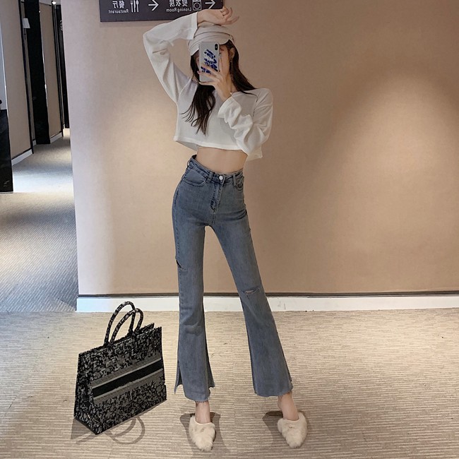 Quần Jeans nữ ống loe cạp cao Ulzzang