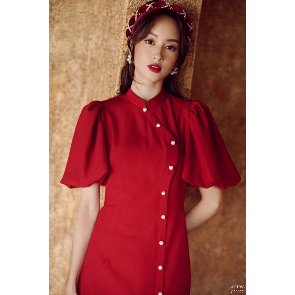 Áo dài cổ tàu nẹp phối đính ngọc tay bồng (không kèm quần) TIINSTORE ACT083
